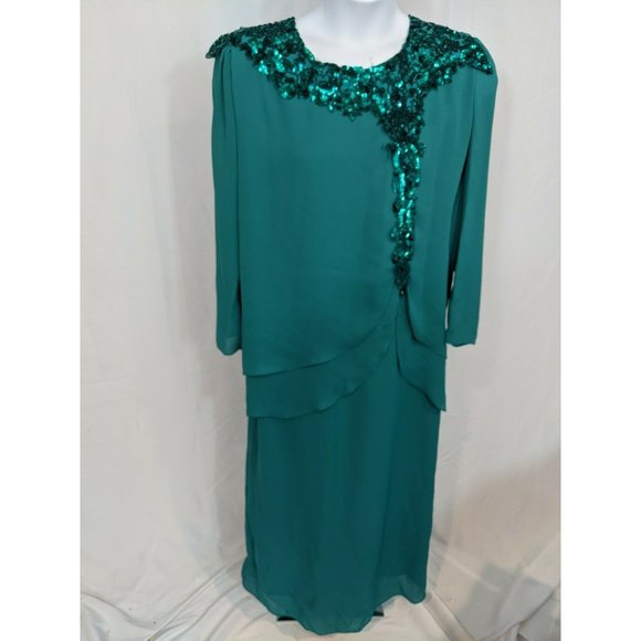 Glatter & Sims Vintage Teal Sequined Long Sleeve - Picture 2 of 7